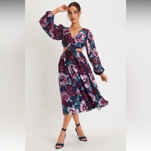 NWT Garden Gem Navy Blue Floral Jacquard Cutout Rosette Midi Dress, size small